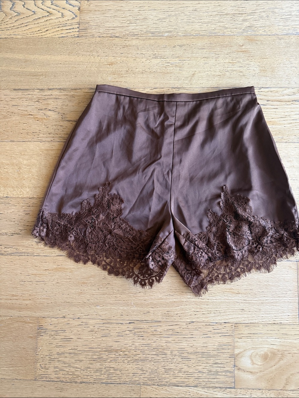 Amazon Brown Satin Lace-Trim Sleep Shorts
